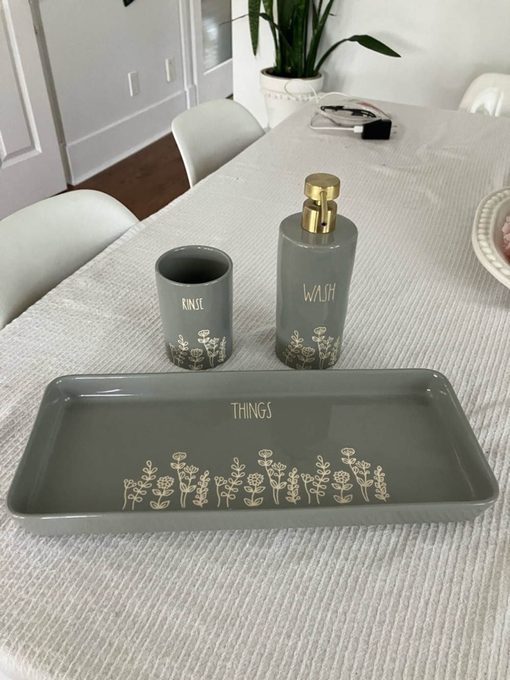 Rae Dunn , bathroom set. Ceramic Soap dispenser , cup and tray